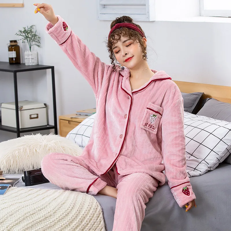 

Winter Pajamas Set Women Sleepwear Warm Coral Fleece Long Sleeves Pajamas Pink Cute Strawberry Pattern Homewear Thick Home Suit