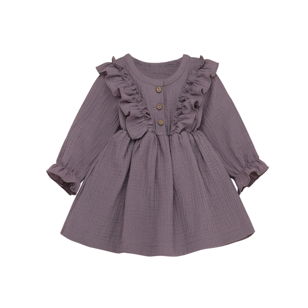 От 1 до 6 лет осеннее платье для маленьких девочек Однотонные Вечерние платья из хлопка и льна с длинными рукавами и оборками - Цвет: Фиолетовый