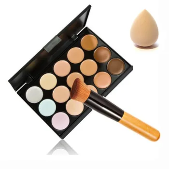 

15 Color Concealer Palette + Wooden Handle Make up Brush + Sponge Puff Makeup Base Foundation Concealers Face Powder