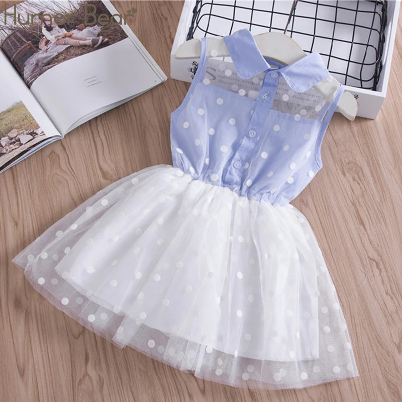 Humor Bear/новое летнее платье без рукавов для девочек милое кружевное платье синего цвета в горошек детская одежда детское платье, Прямая поставка - Цвет: blue