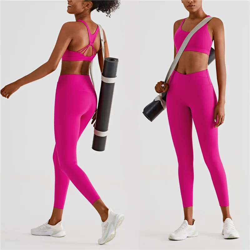 

Solid Color Cross Fitness Bra With Legging Two Piece Suit Double High Waist Yoga Set Tights Tracksuit Women Gym Clothe Female