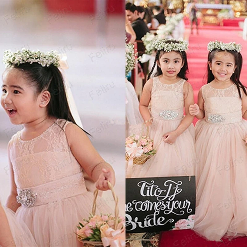 shuiyin16 (3)2019 Cute Blush Pink Flower Girl Dresses for Weddings Long Tulle Crystals Sash Jewel Floor Length Girls Pageant Dress Kids Birthday Dresses