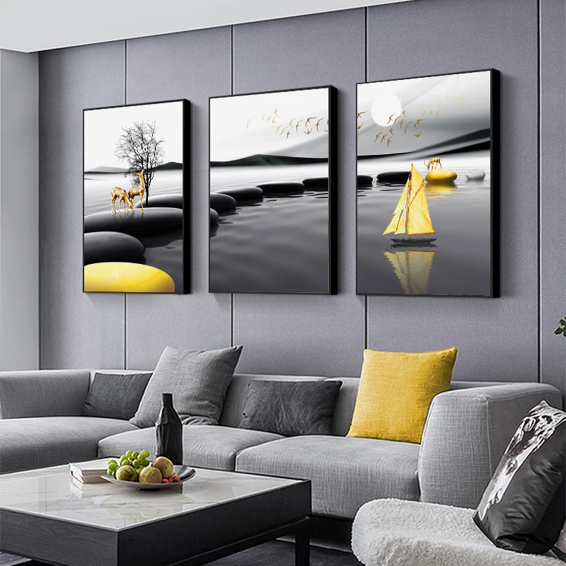 Современный Ландшафтный плакат черный желтый камень лодка олень Настенная живопись на холсте настенные