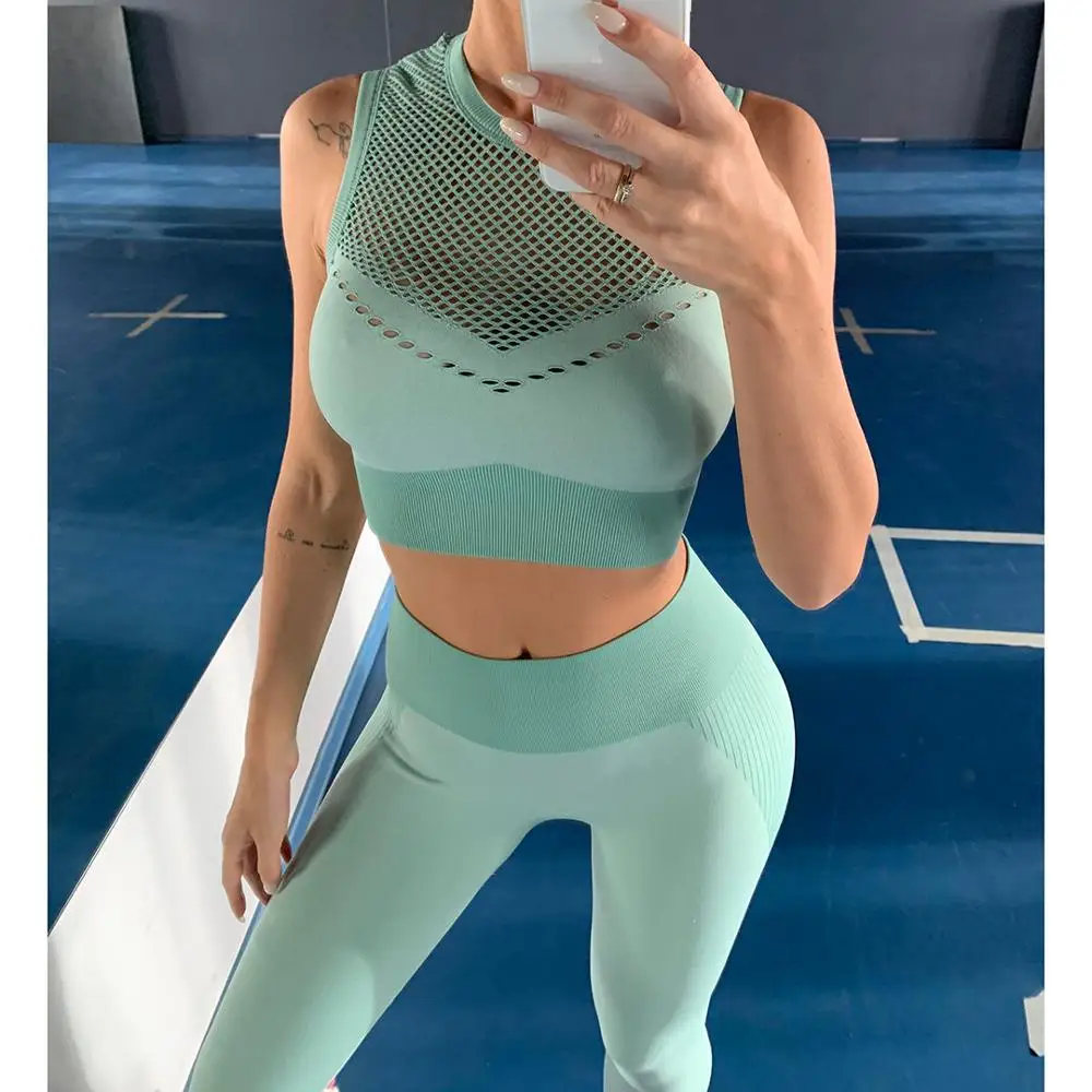 

Seamless Sport Set Women Two Piece Crop Top T-Shirt Leggigng Workout Clothes Outfit Hollow Fitness Gym Suit Wear Yoga Sets