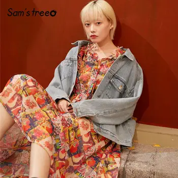 

SAM'S TREE Red Lucky Character Print Chiffon Vintage Dress Women 2020 Spring Frill Lace Up Long Sleeve Ladies Daily Dresses