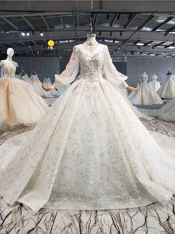 as picture HTL1075 скромное свадебное платье, элегантное, с высоким воротом, на шнуровке, сзади, с хрустальными бусинами, с длинным рукавом, кружевное свадебное платье, роскошное, suknia szlubna - Цвет: as picture