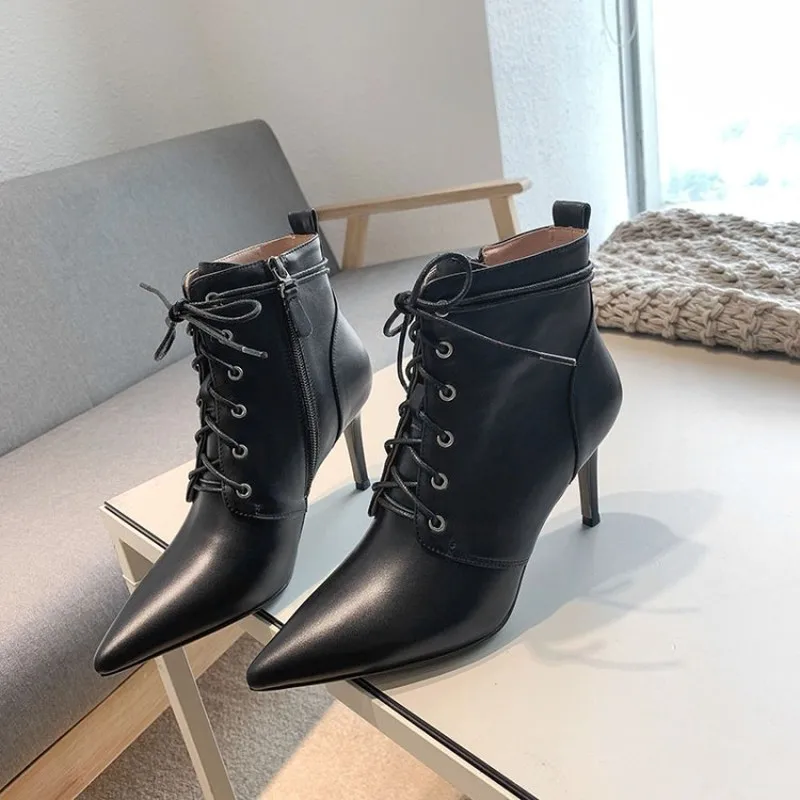 

2019 women ankle boots cow leather winter short plush pointed toe lace up high heels female boots party size 34-40