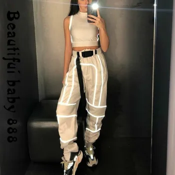 

2020 New hot black Sweatpants ladies wild Belt decoration Active Wear spring Reflective cargo pants women Casual harem pants