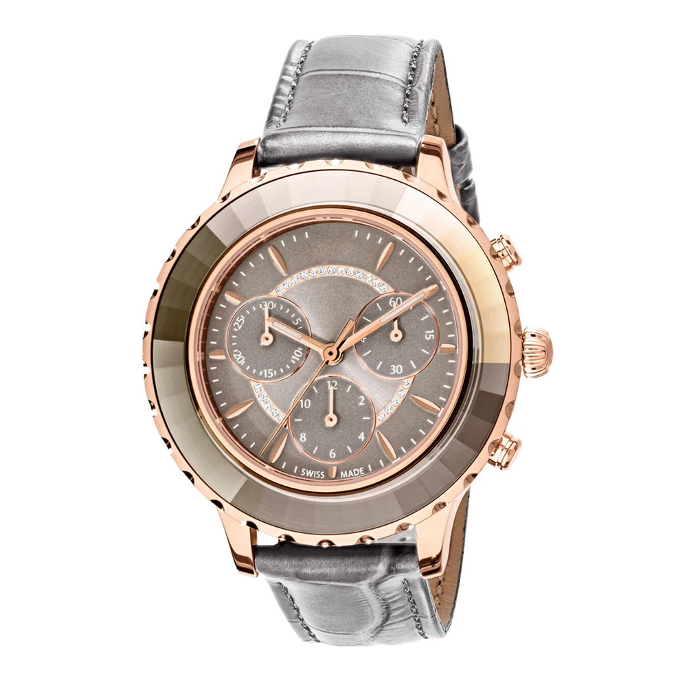 

SWA RO 2019 Fashion Unique New OCTEA LUX CHRONO Watch Grey Leather Strap Rose Gold Stainless Steel Crystal Case Women's Watch