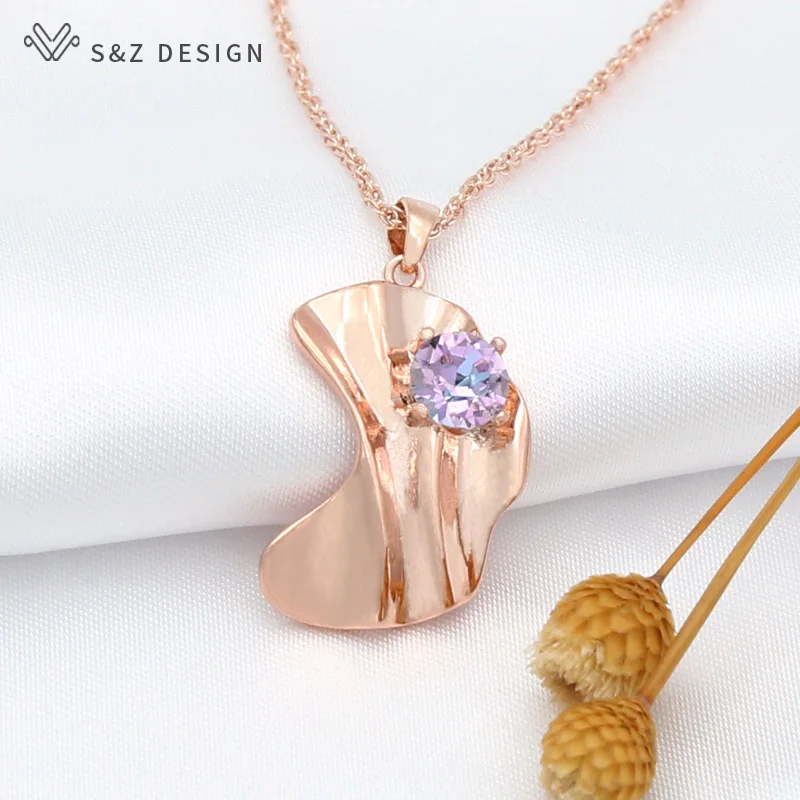 S&Z DESIGN New Fashion Elegant Simple Crystal Pendant Necklace For Women Curved Geometric Wave Metal Wedding Party Jewelry