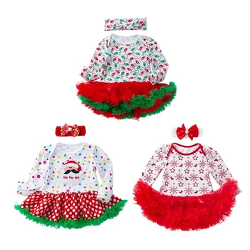 

2Pcs Cute Baby Girl Long Sleeve Christmas Theme Pattern Romper Dress+Headband Skirt Outfits Christmas Costume