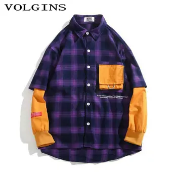 

Streetwear Grid Fashion Men Shirt Long Sleeve Cotton Mens Shirts Hip Hop Pockets Spring Autumn Casual Man Shirt