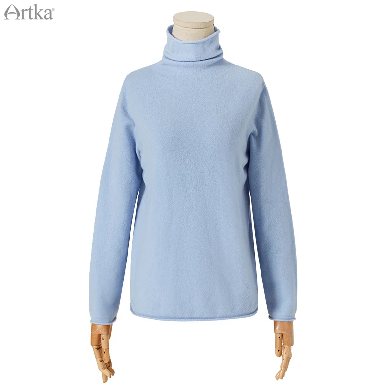 ARTKA Autumn Winter New Women Sweater Multicolor Pure Wool Sweater Turtleneck Pullover Wool Knitted Sweaters YB11791D - Color: Sky blue