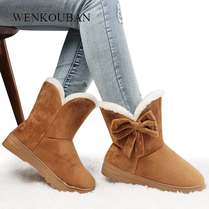 

Winter Snow Boots Women Fur Bow Ankle Boots Ladies Platform Plush Shoes Warm Butterfly Slip-On Black Botas Mujer Invierno 2020
