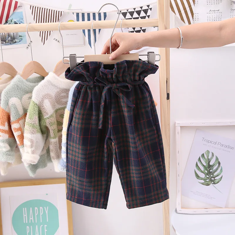 Navy blue Г. Осень-зима, детские свободные брюки с инородным воздухом шерстяные штаны-шаровары в клетку на талии для девочек - Цвет: Navy blue