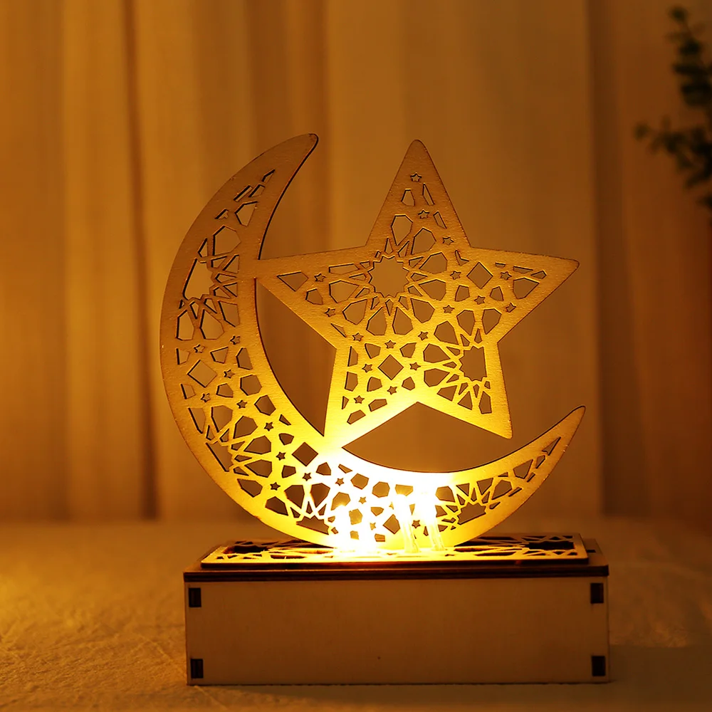 Eid Wooden LED Moon Light Warm White Desktop Mubarak Wood Crafts Ornament Indoor Ramadan Decoration | Лампы и освещение