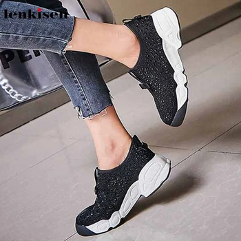 

Lenkisen fashion new crystal studded Air mesh mixed colors sneaker round toe thick bottom cozy women shiny vulcanized shoes L7f2