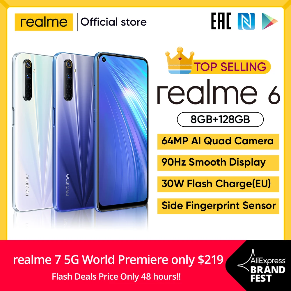 Realme 6 8 Гб 128 NFC глобальная версия 90 Гц Дисплей Helio G90T 30 Вт мгновенная зарядка 4300 мА/ч