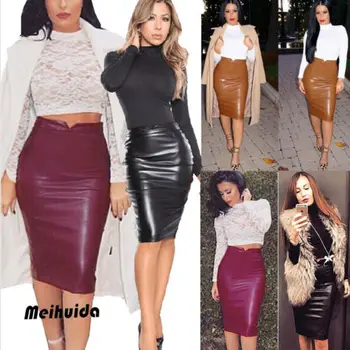 

2019 Fashion Women Sexy Soft PU Leather Skirt High Waist Pencil Half Slim Hip Pencil Skirts