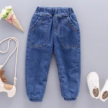 Детские джинсы; сезон осень-зима; коллекция года; корейский стиль; однотонные универсальные плотные зимние штаны для малышей