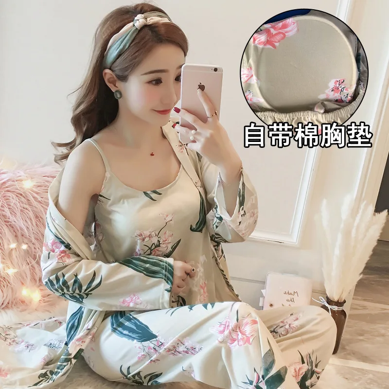 

According to Feminine Comes with Chest Pad Pajamas Sexy Spaghetti Strap Pajamas Wear Free Bra One-piece Hipster Three-piece Set