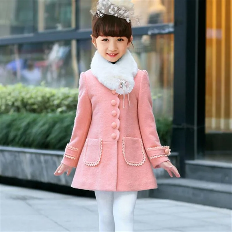 Baby Girls Autumn Winter Wool Coat Fashion Long Sleeve Soild Single-Breasted Outwear High Quality Long Toddler Girl Coats 4-15T - Цвет: Pink