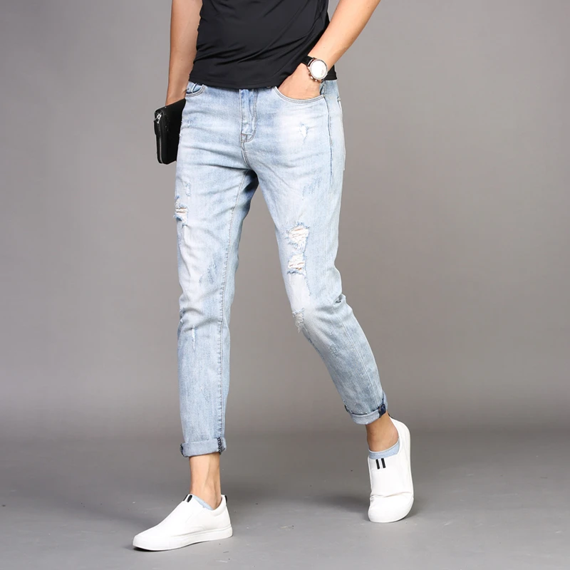 Summer Stretch Ripped Jeans Men Light Blue Slim Fit Ankle Length Pants Fashion Streetwear Thin Denim Trousers Aliexpress Men S Clothing Summer Stretch Ripped Jeans Men Light Blue Slim Fit Ankle Length Pants Fashion Streetwear Thin Denim Trousers Aliexpress Men S Clothing