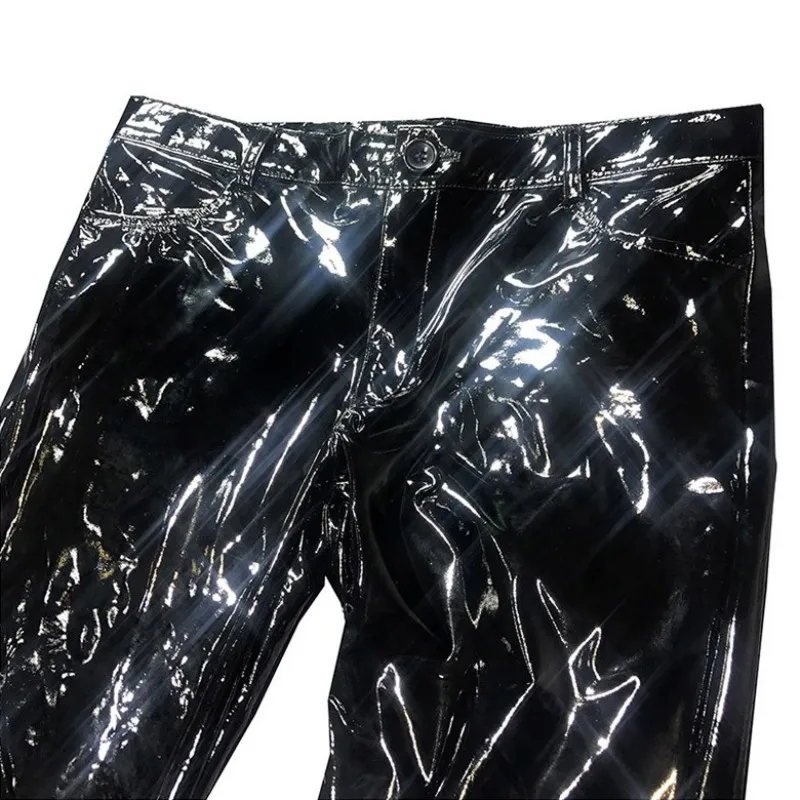 Hot Sexy Nightclub Wear Mens Bright PU Leather Trousers Spring Autumn Thin Male Skinny Black Pencil Pants Plus Size Costumes