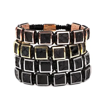 Unique Design High Quality Black Leather Brass Square Beads Woven Macrame Bracelet For Men Women