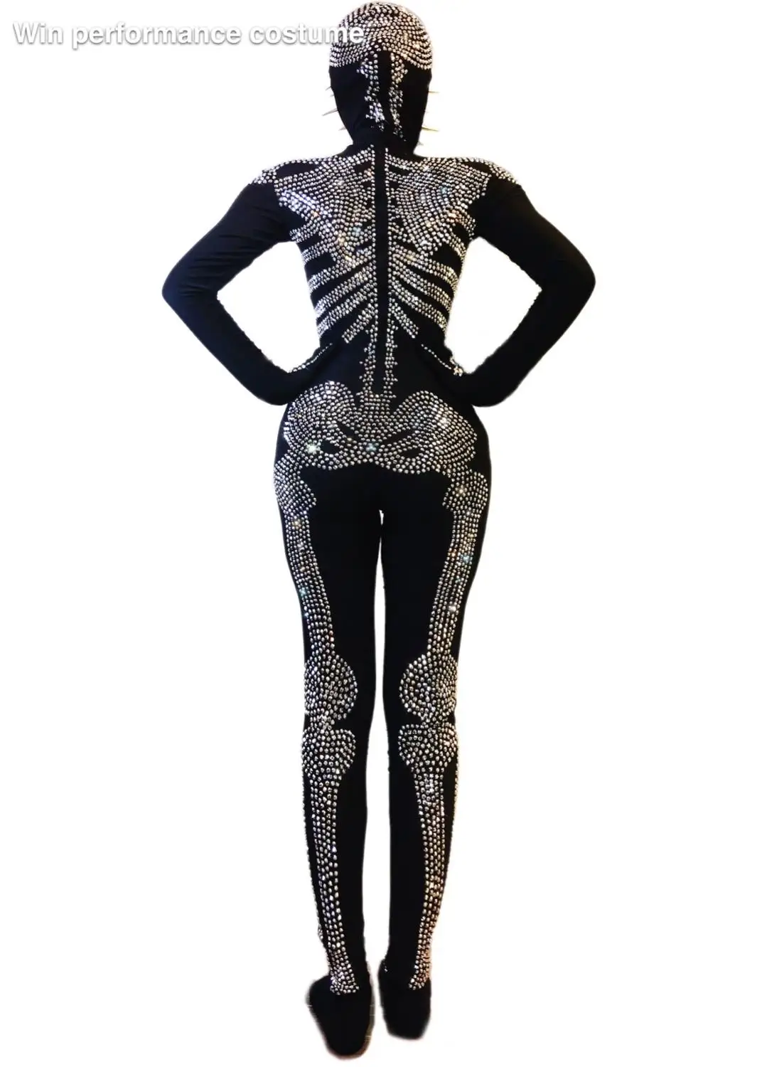 Halloween Outfit Bodysuit Singer Party Show Shining Wear Stage Rhinestone Costume Cosplay Adult Scary Skeleton Print