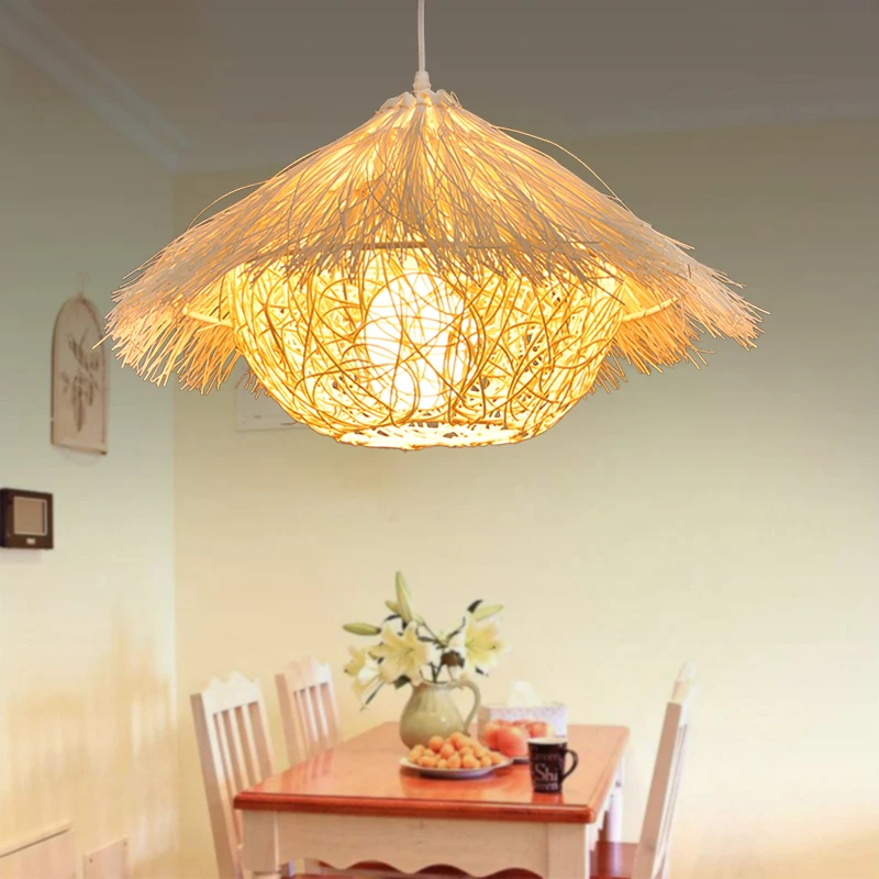 

Rattan Straw Hat Shape Pendant Light Creative Pastoral Retro Balcony Restaurant Indoor Lighting E27
