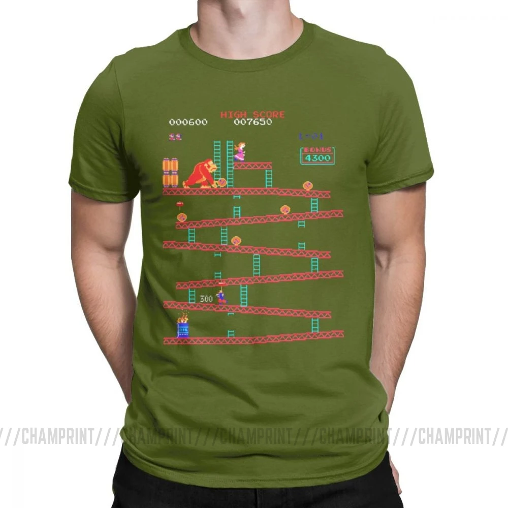 Армейский зеленый Футболки Donkey Kong для мужчин, аркадная игра, коллаж, винтажные футболки из чистого хлопка, вырез лодочкой, с коротким рукавом в стиле ретро, футболка, большие размеры, Забавные топы - Цвет: Армейский зеленый