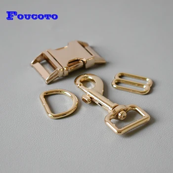

10 sets metal adjust buckle D ring metal dog clasp for 25mm webbing metal slider DIY dog collar strap bag belt accessory-gold
