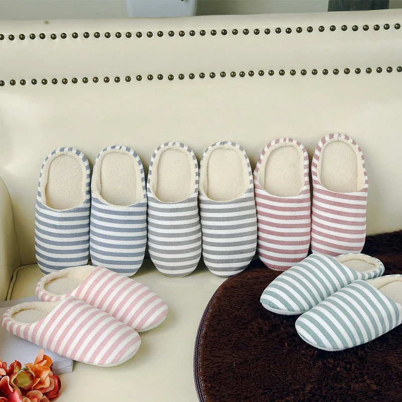 Winter Striped Soft Bottom Home Cotton Slippers Warm Shoes Women Indoor Floor Slipper Nonslip Shoes For Bedroom