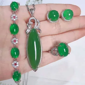 

S925 silver inlaid jade Set Style Pendant Earring Ring Bracelet natural jade set