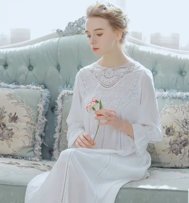 White Женское ночное белье с длинными рукавами, кружевное платье для отдыха принцессы, светло-голубые элегантные летние хлопковые ночные рубашки, большие размеры - Цвет: White