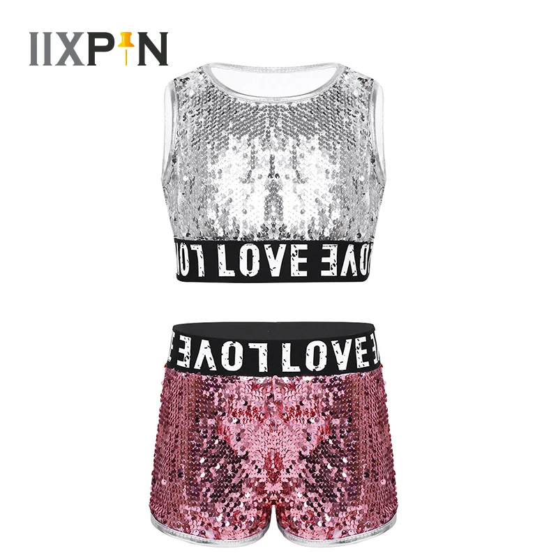 

Girls Hip-hop Jazz Dance Costume cheerleader Costumes Kids Child Dancing Clothes Shiny Sequins Sleeveless Crop Top with Shorts