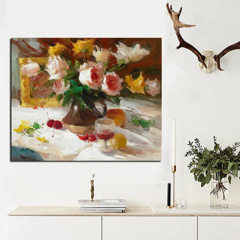 Big Size Abstract Flowers in Vase Oil Painting Print on Canvas Modern Minimalist Orchid Poster Art Wall Picture Cuadros Decor