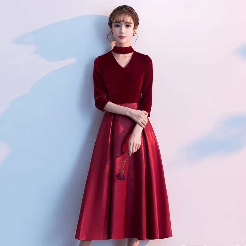 

2020 Sale Toast 2020 Autumn And Winter Modern Wine Red Velvet Middle Sleeve Wedding Engagement Dress Skirt Simple Atmosphere
