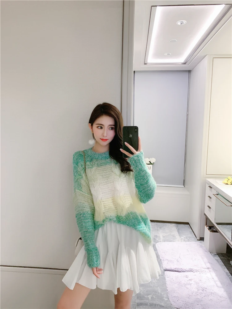 Длинный рукав осень зима корейский градиент цвета радуги вязаные свитера для женщин топы для молодых девушек Свободные Повседневные свитера 623A