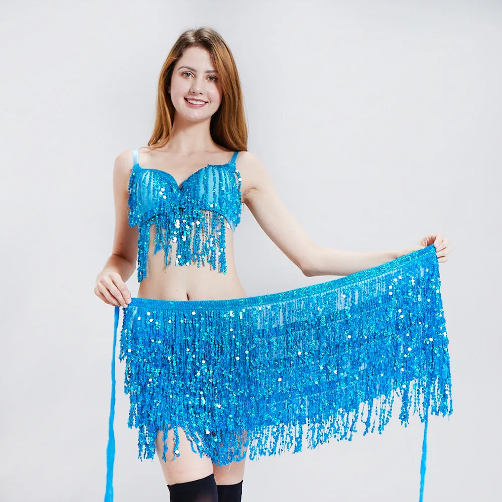 Light Blue Блестящая танцевальная одежда для женщин, костюм для танца живота, комплект из 2 предметов, бюстгальтер+ шарф на бедрах, блестящая бахрома - Цвет: Light Blue