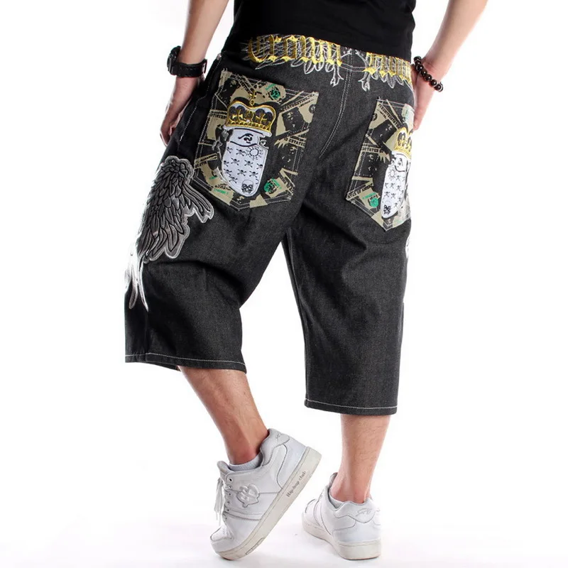 

Summer Loose Wide Leg Embroidery Men Shorts Jeans Hip Hop Skateboard Baggy Capri Pants Male Printed Denim Shorts Oversize 30-46