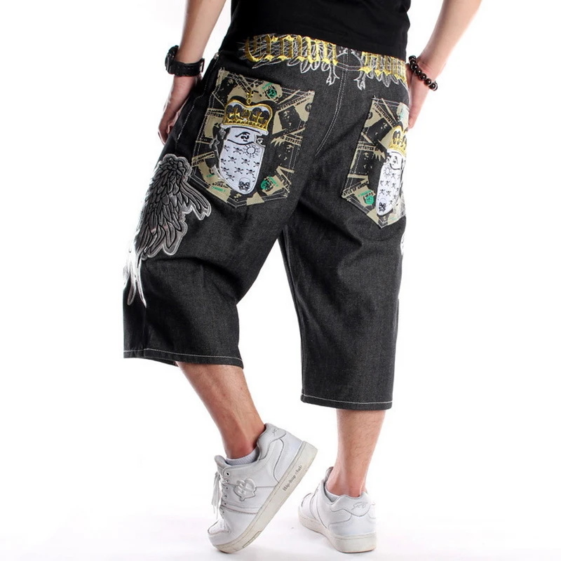 Summer Loose Wide Leg Embroidery Men Shorts Jeans Hip Hop Skateboard Baggy  Capri Pants Male Printed Denim Shorts Oversize 30 46|Casual Shorts| -  AliExpress