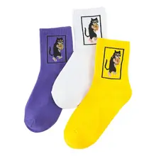 Новые хлопковые носки в стиле Харадзюку для женщин и девочек, 3 пары осенне-зимние Носки с рисунком кота