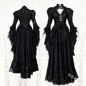 

WEPBEL Women Flare Sleeve Slim Dress High Waist Long Maxi Dress Retro Court Dress Lace Ankle Length New