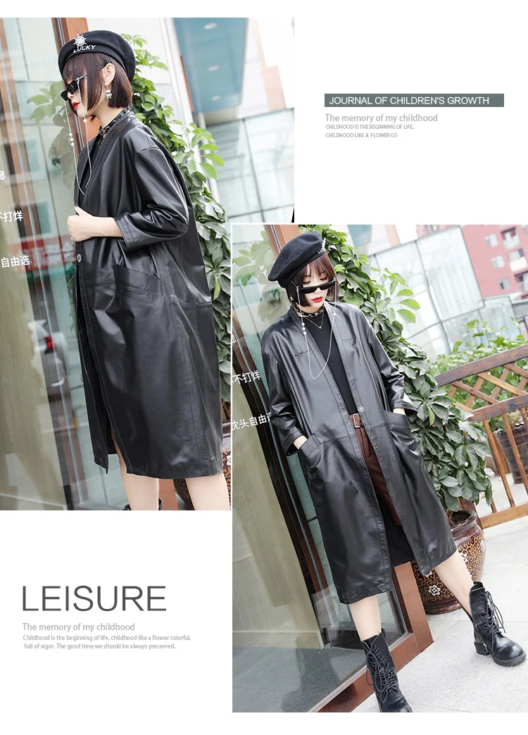 Genuine Leather Trench Elegant V Neck Single Button Sheepskin X-Long Coat Women Autumn Winter Casual Office Lady Plus Outwear