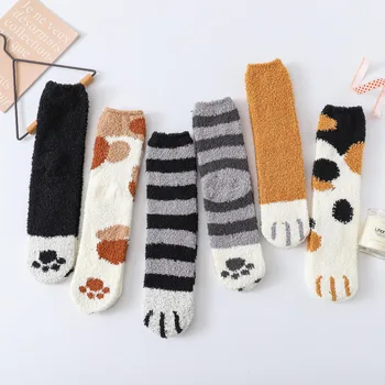 

Trendy Cute Cat Claw Women Socks Cute Cartoon Autumn Winter Keep Warm Indoor Floor Socks Coral Velvet Sleep Socks Accessories