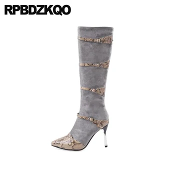 

high heel women cheap long grey shoes 13 45 thin knee 12 44 tall big size square toe side zip boots stiletto suede sexy plus