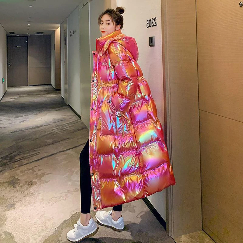 

2021 красочные глянцевые хлопковые пальто, женская зимняя парка с капюшоном, длинная пуховая хлопковая куртка, модная Водонепроницаемая зимняя верхняя одежда для снега