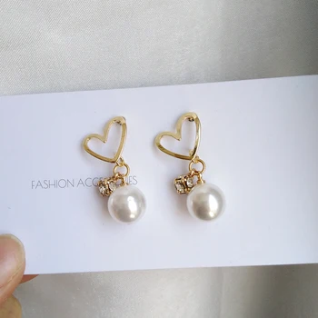 

S925 needle Heart Earrings Fashion Jewelry Golden Plating Simulated Pearl Shiny Crystal Dangle Drop Earrings For Jewelry Gifts